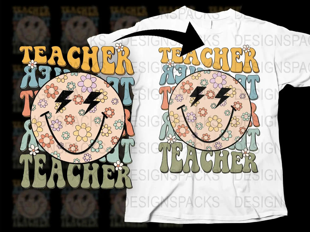 Teacher Smiley Face T-Shirt, Colorful Retro Graphic Tee, Unisex Casual Outfit, School Staff Gift Ideas