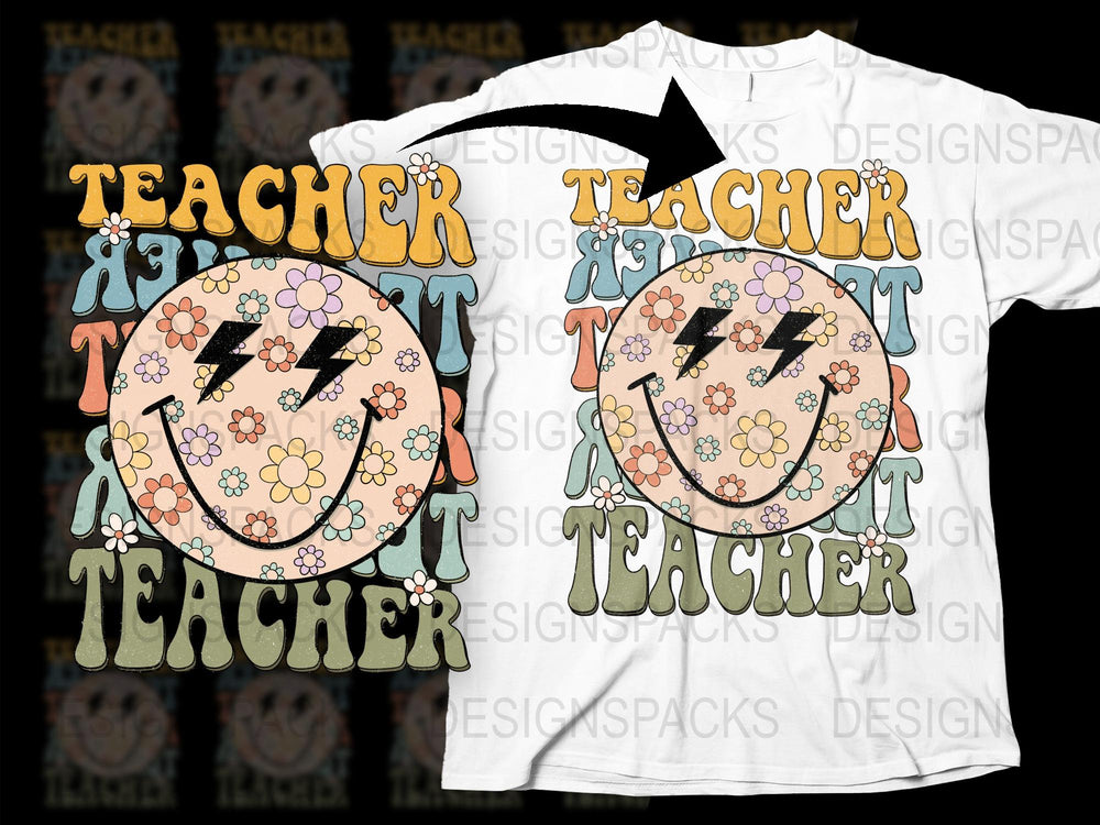 Teacher Smiley Face T-Shirt, Colorful Retro Graphic Tee, Unisex Casual Outfit, School Staff Gift Ideas