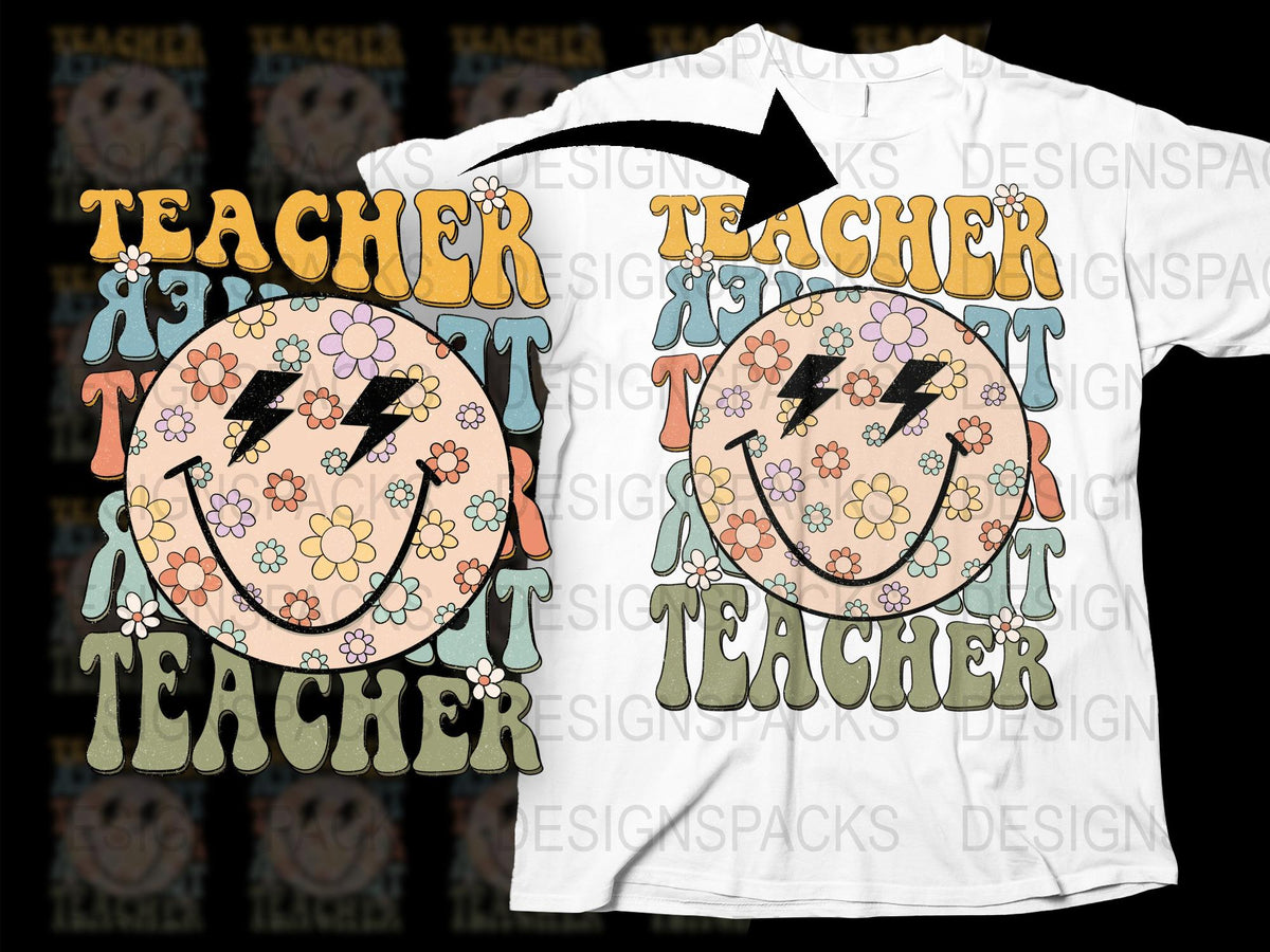 Teacher Smiley Face T-Shirt, Colorful Retro Graphic Tee, Unisex Casual Outfit, School Staff Gift Ideas