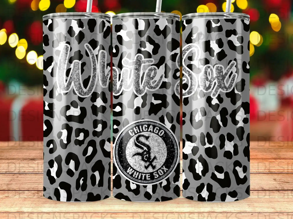Chicago White Sox leopard print tumbler with logo.