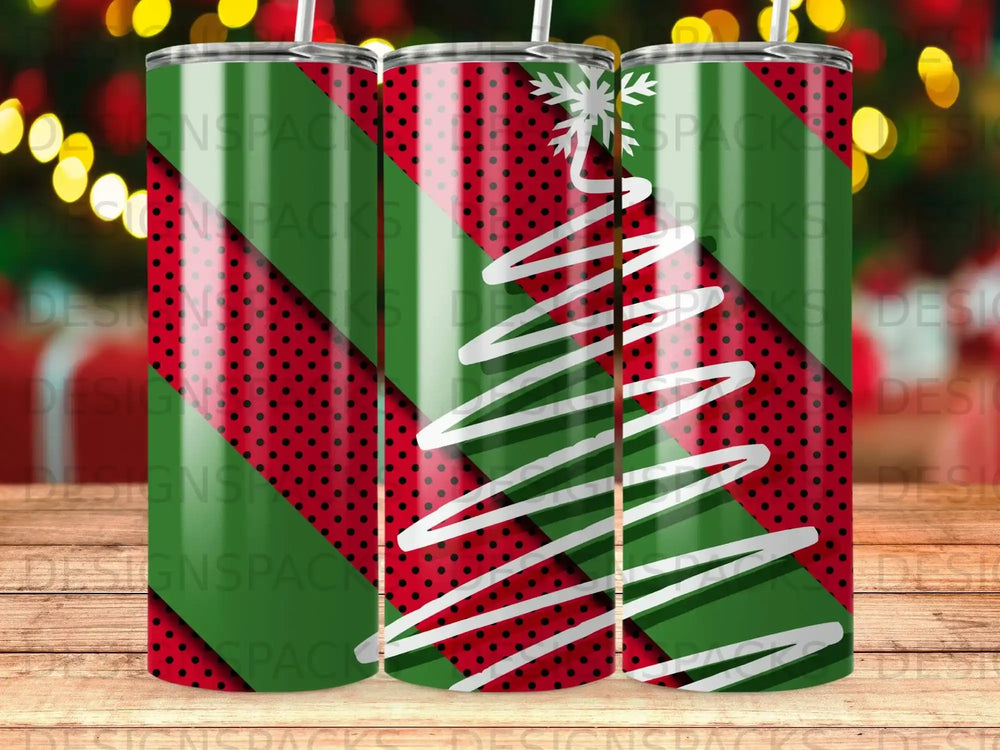 Green and red striped tumbler with white Christmas tree and snowflake design.