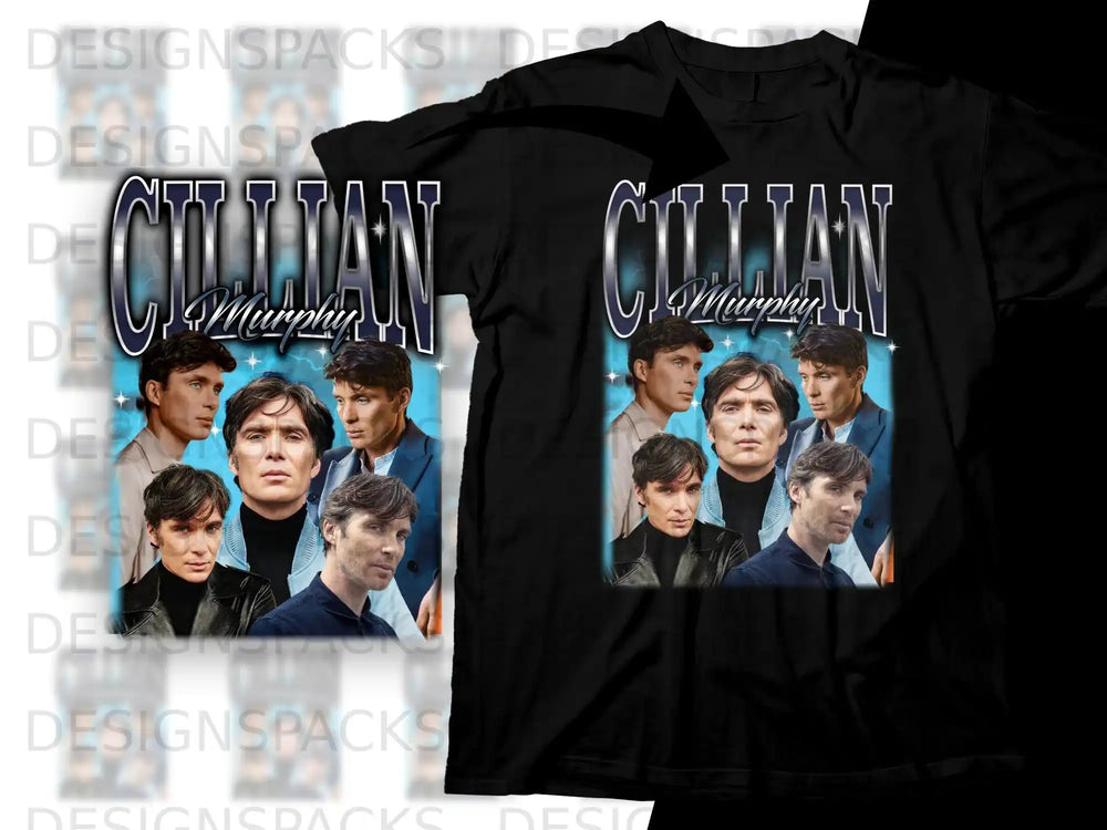 Collage of Cillian Murphy on a black t-shirt.