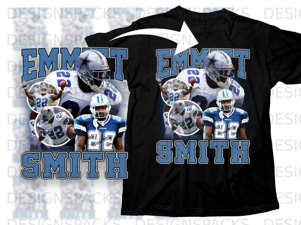 Black t-shirt featuring football player Emmitt Smith in blue Cowboys uniform.
