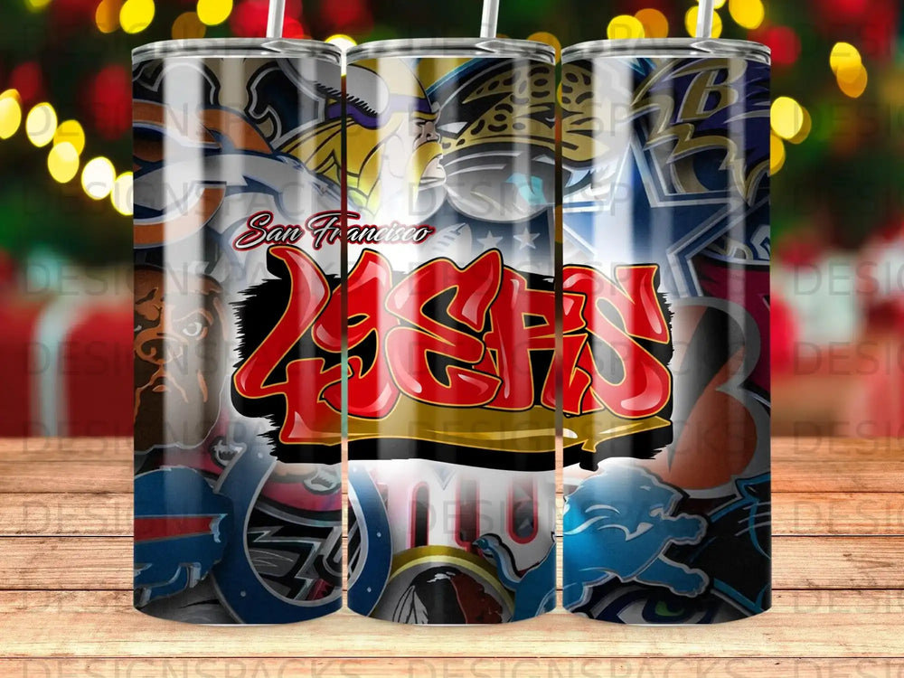 San Francisco 49ers logo on a patterned tumbler.
