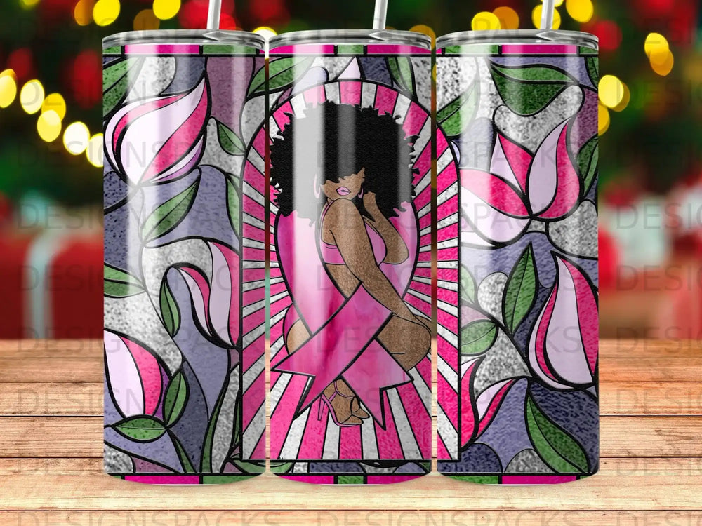Stained glass tumbler with woman and pink ribbon.