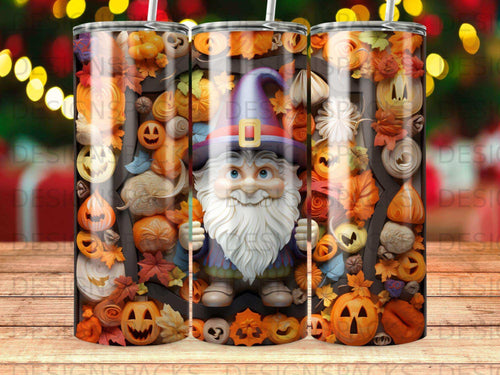 Gnome with pumpkins and autumn leaves on a tumbler.