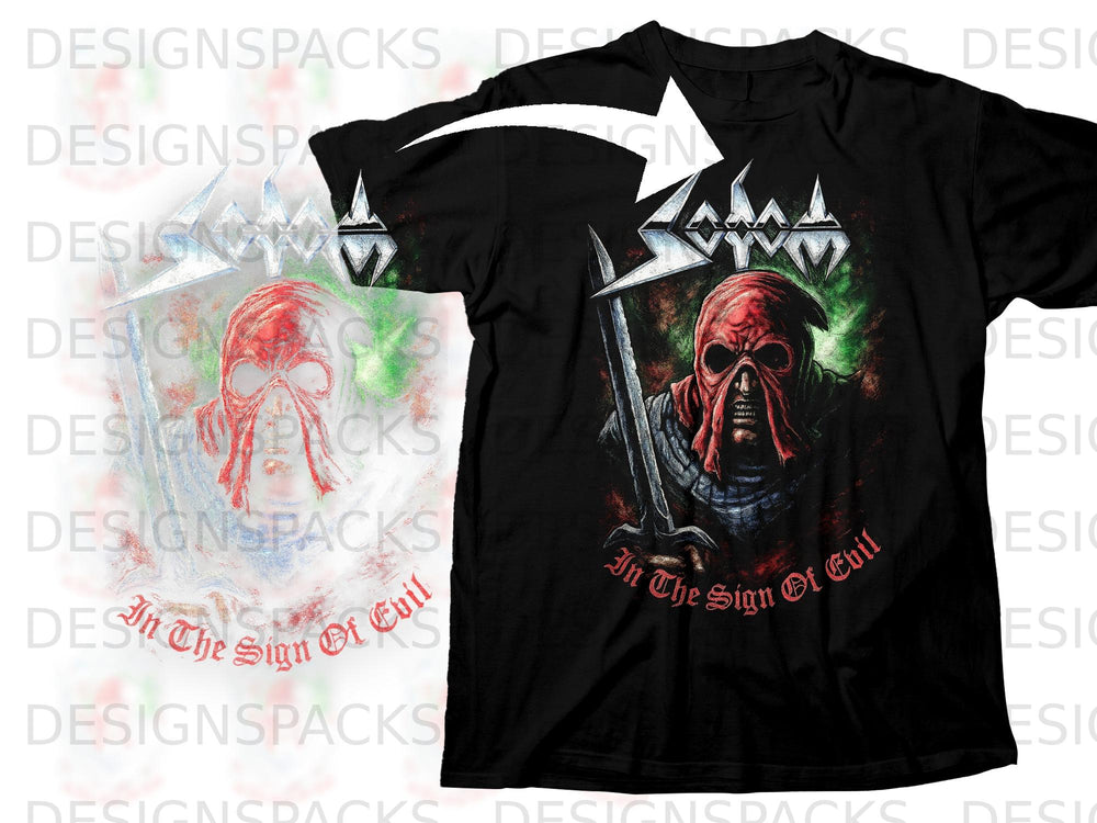 Black t-shirt with "Sodom" logo and a graphic of a masked figure holding a sword.