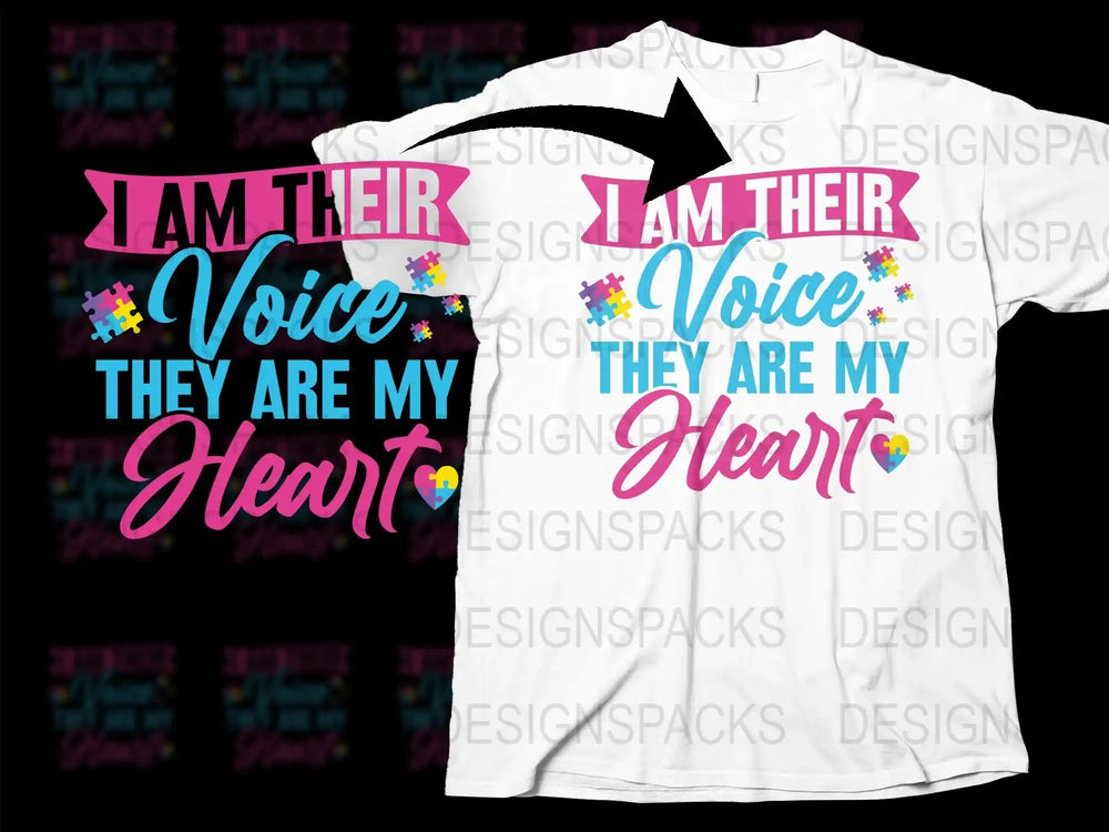 Autism Awareness T-Shirt I Am Their Voice They Are My Heart Colorful Puzzle Pieces Design Tee