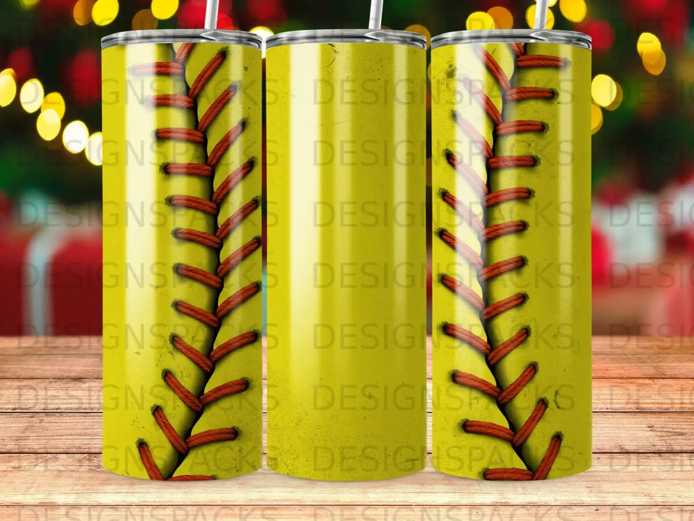 Yellow tumbler with baseball stitching pattern and scattered bokeh lights.