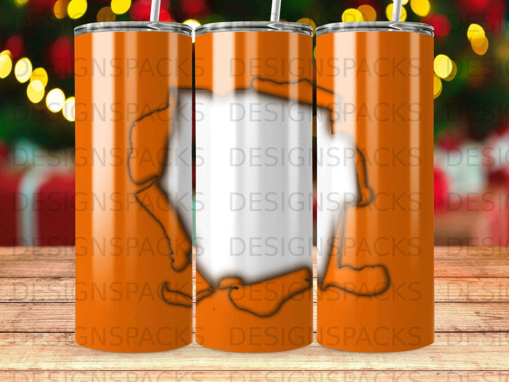 Orange tumbler with repeating "DESIGNSPACKS" text, showing a white cutout section.