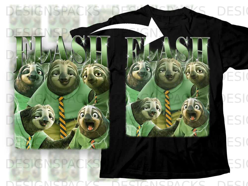Flash graphic with sloths from Zootopia and green lightning bolts.