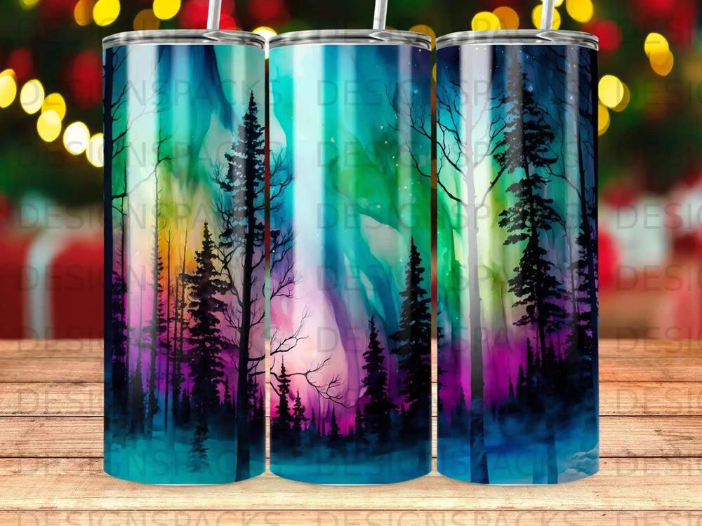 Three tumblers displaying a colorful aurora borealis over a forest.