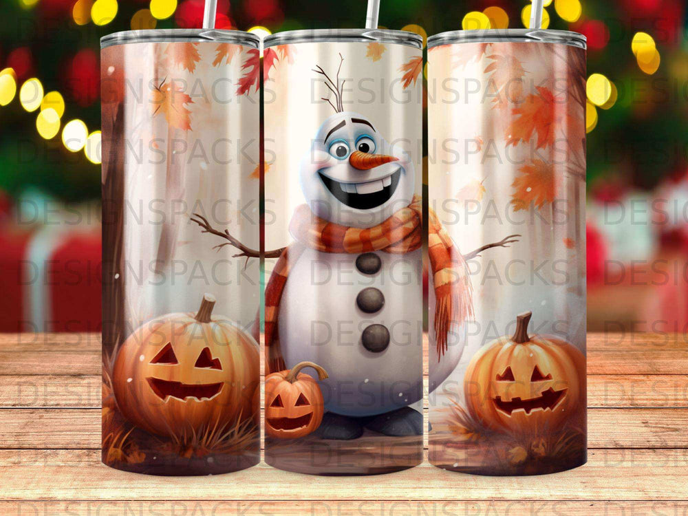 Olaf the snowman with pumpkins on a tumbler.