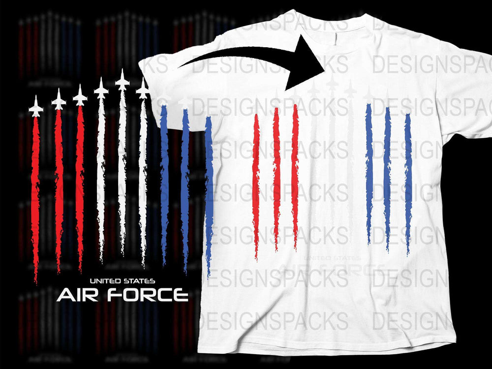 USAF Inspired T-Shirt, Patriotic Air Force Red White Blue Smoke Design, Military Apparel Gift