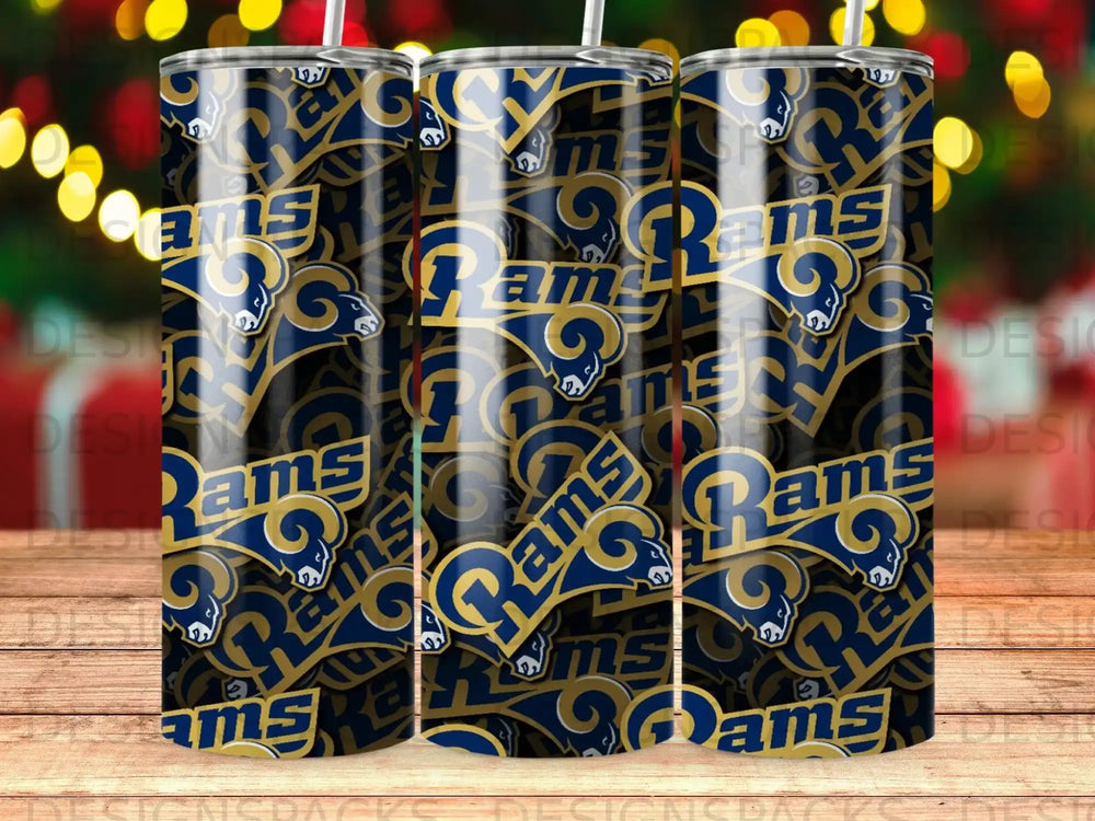 Seamless pattern of the Los Angeles Rams logo on a blue and gold tumbler.