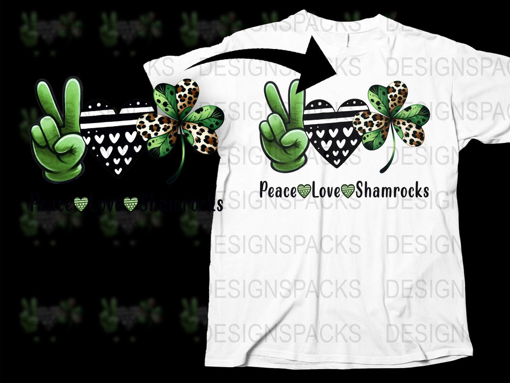St. Patrick's Day T-Shirt, Peace Love Shamrocks Tee, Unisex Graphic Shirt with Irish Symbols, Green and White Cotton Top