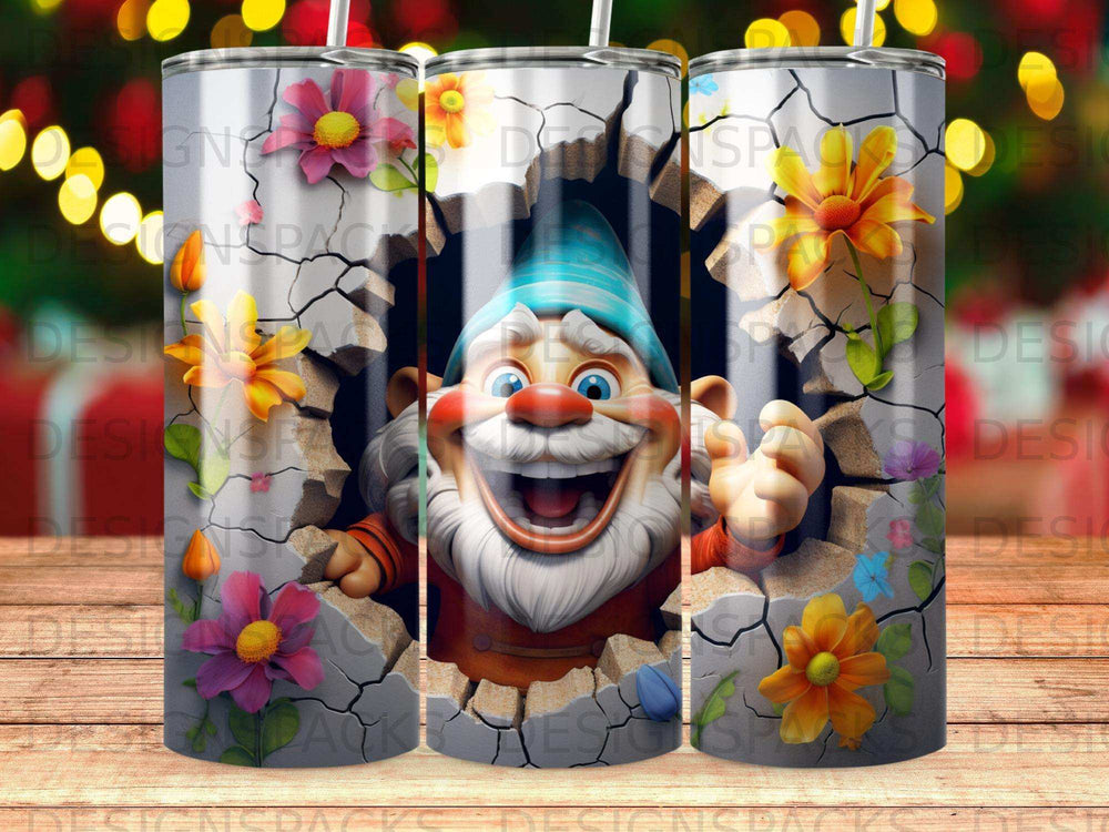 Joyful gnome with blue hat peeking through cracked wall, surrounded by flowers.