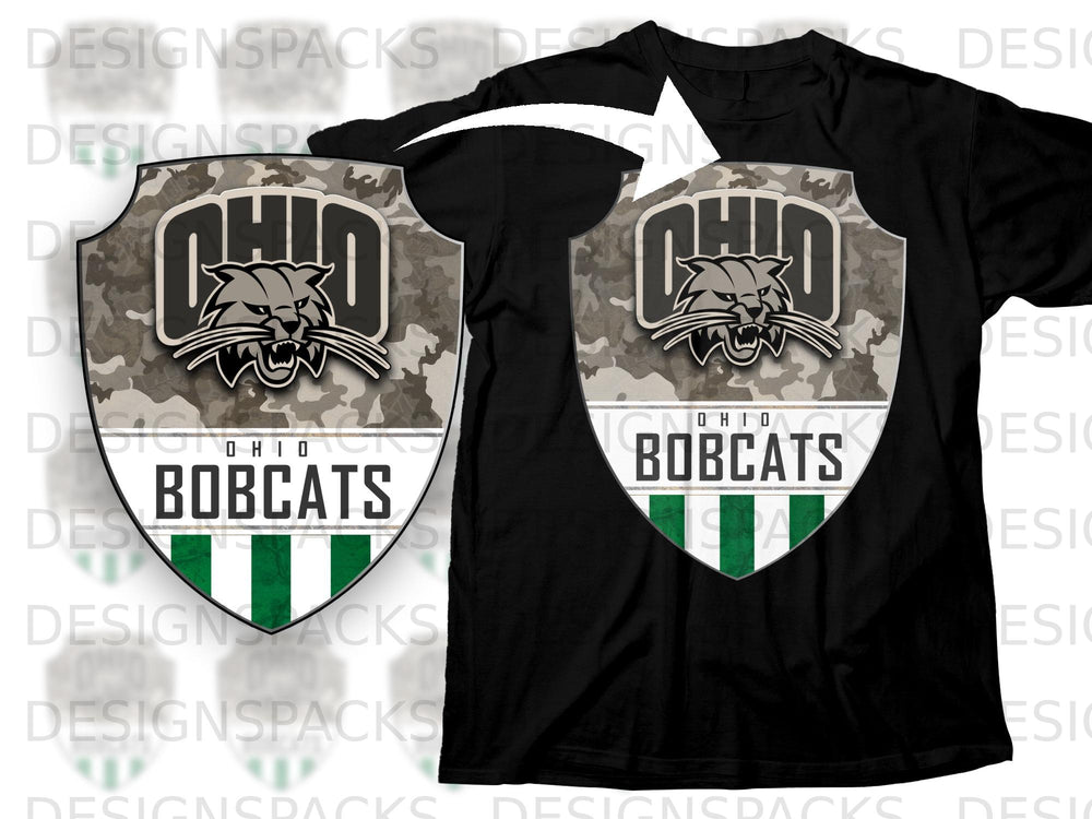 Ohio Bobcats shield logo with camouflage background on black t-shirt.