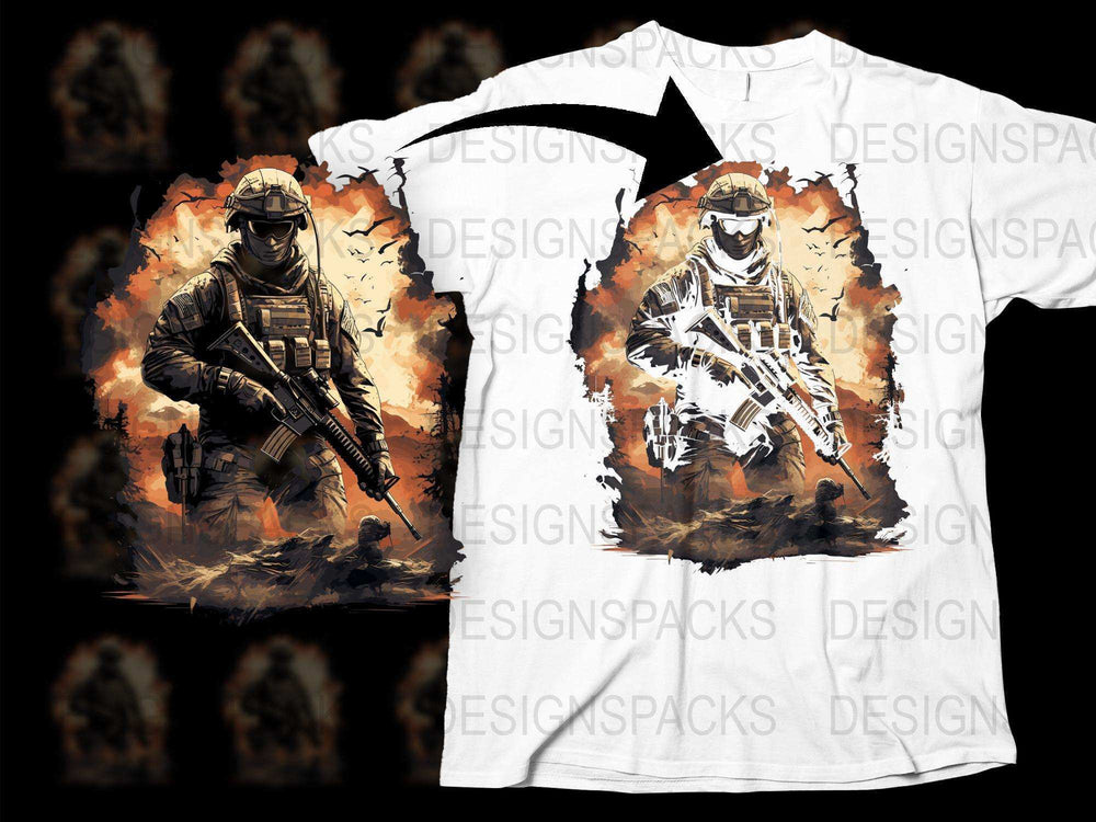 Military Soldier Graphic T-Shirt, Tactical Army Combat Design Tee, Men's Casual Wear, Bold Warrior Print Shirt
