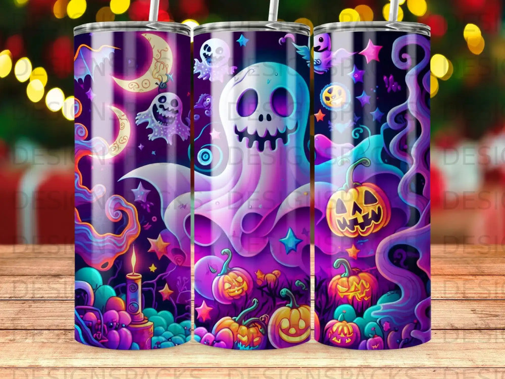 Halloween tumbler with ghosts, pumpkins, and stars.