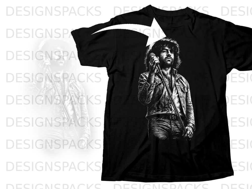 Black t-shirt with sketch of a man holding a microphone.