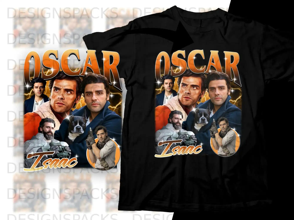 T-shirt featuring Oscar Isaac with a dog and lightning bolt graphics.
