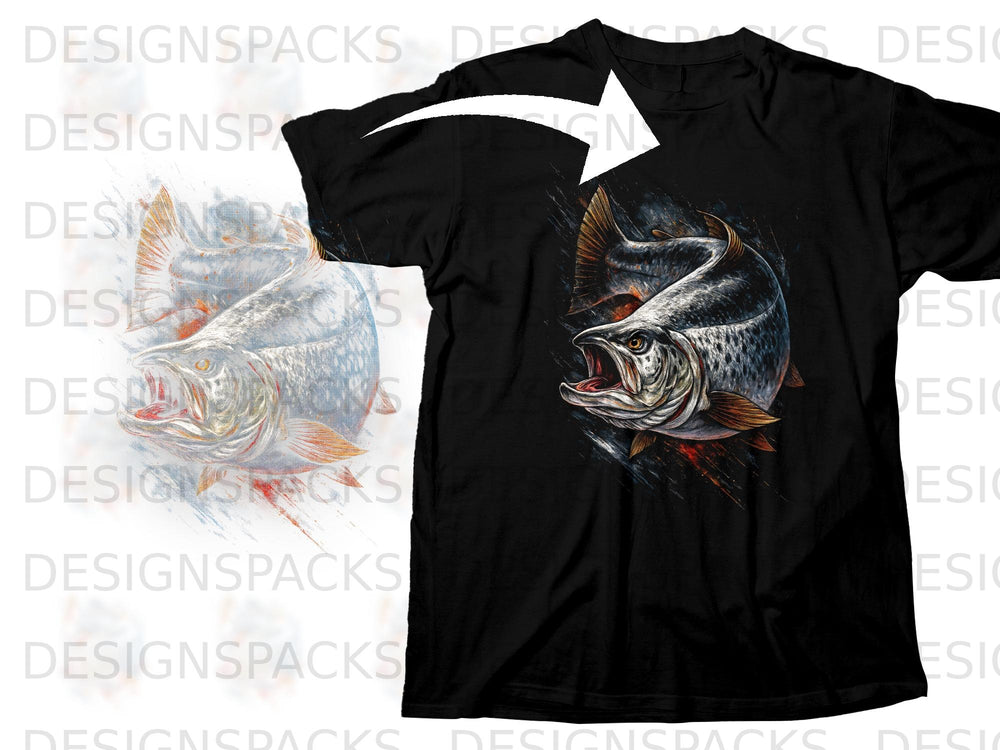 Black t-shirt with a graphic of a fish jumping with its mouth open.