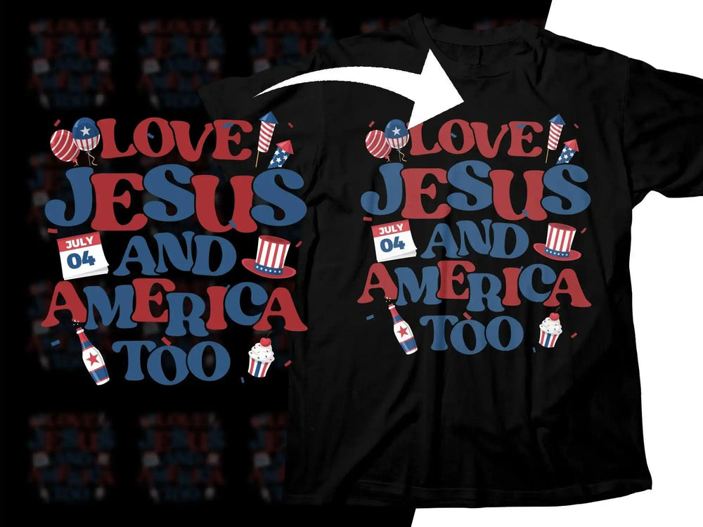 Love Jesus and America Too 4th of July t-shirt design with fireworks and patriotic icons