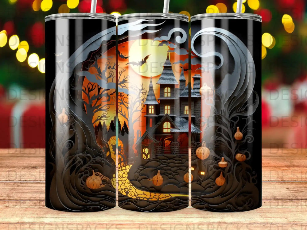 Haunted house with pumpkins and moon, dark spooky Halloween scene.