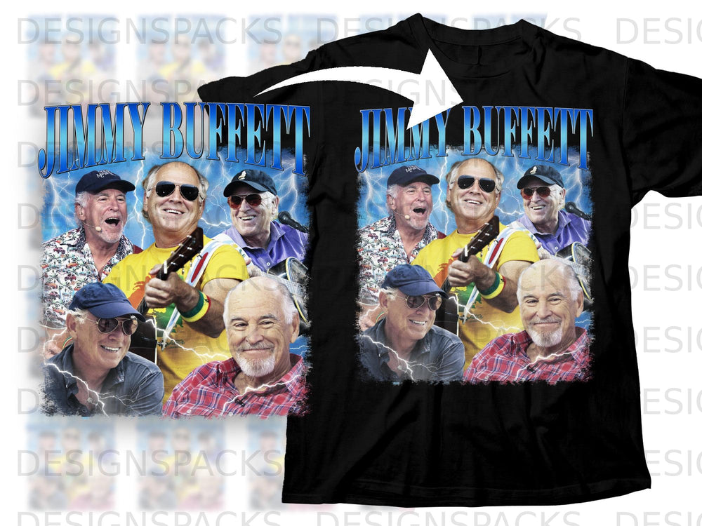 Black t-shirt featuring Jimmy Buffett with friends, lightning graphics, and text.