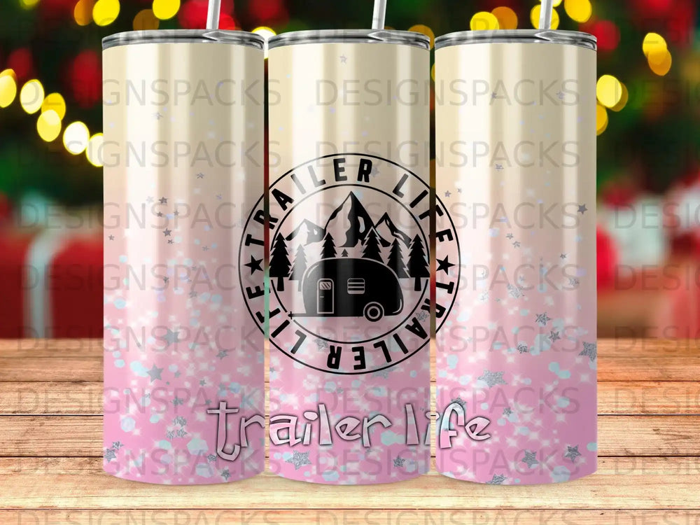 Tumbler with "Trailer Life" text, mountains, and a retro trailer graphic.