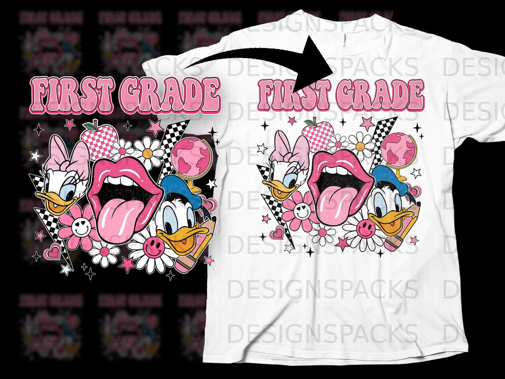 First Grade text with cartoon ducks, lips, flowers, and apple on white t-shirt.
