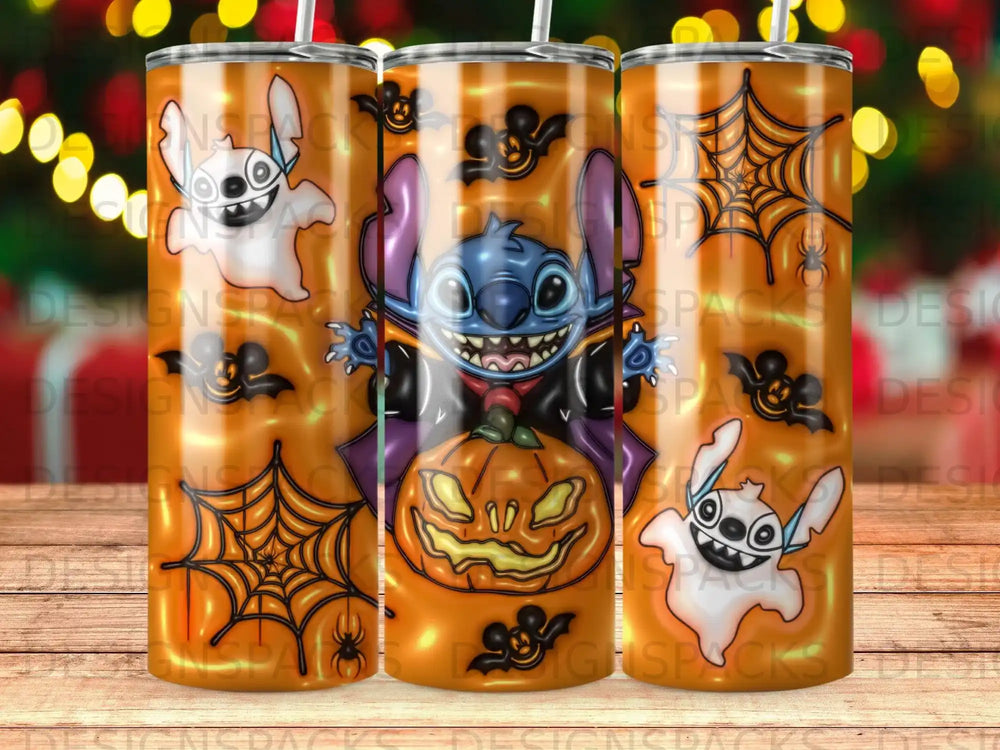 Three tumblers featuring Stitch as Dracula, ghosts, bats, and spiders on an orange Halloween background.