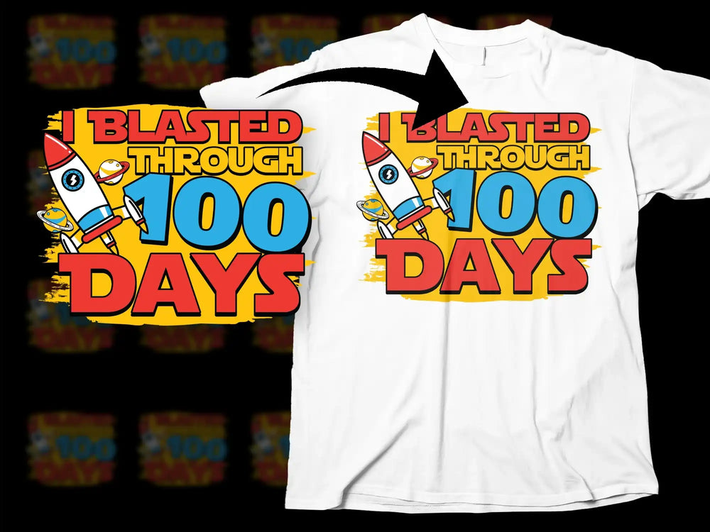 Blasted Through 100 Days T-Shirt, Colorful Rocket Design, Kids School Celebration Tee, Fun 100th Day of School Outfit White