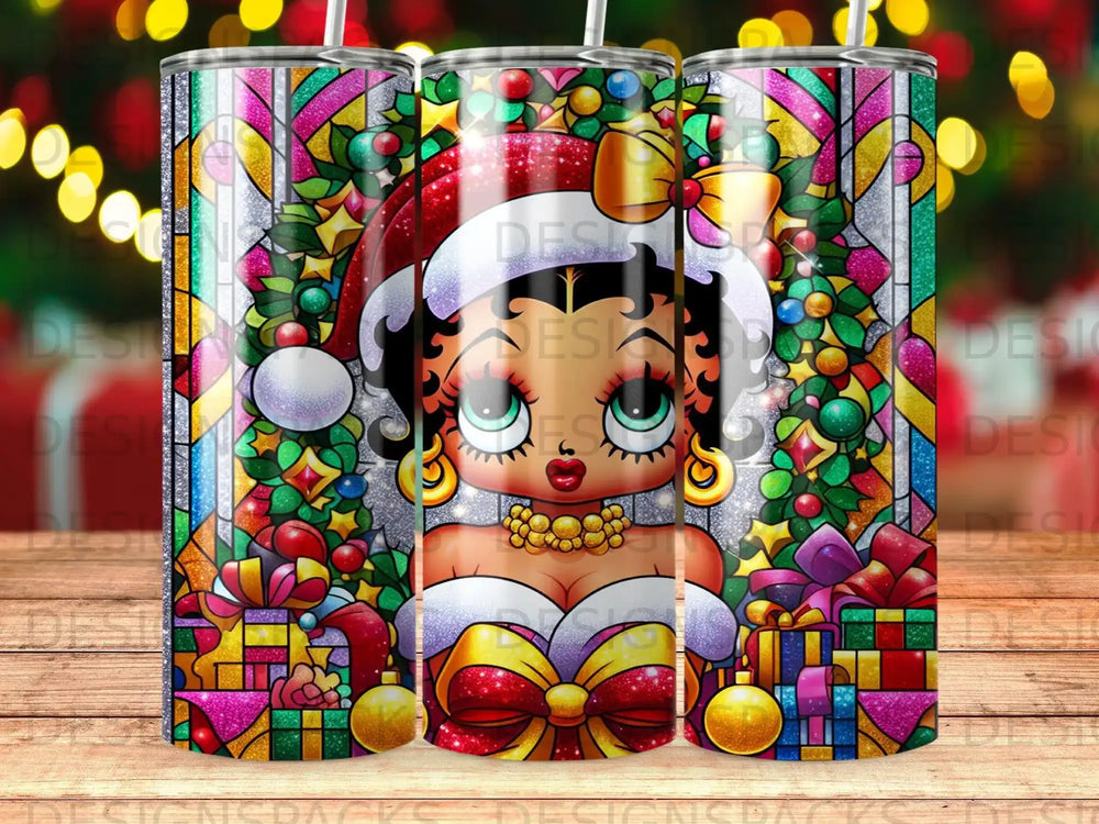 Christmas Betty Boop with gifts and stained glass accents.