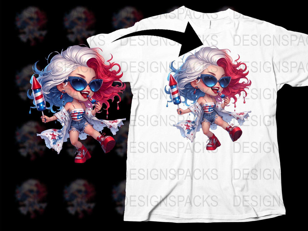 Patriotic Woman Cartoon Graphic T-Shirt, American Flag Outfit, Red White and Blue, 4th of July Apparel, Casual Wear, Unique Design