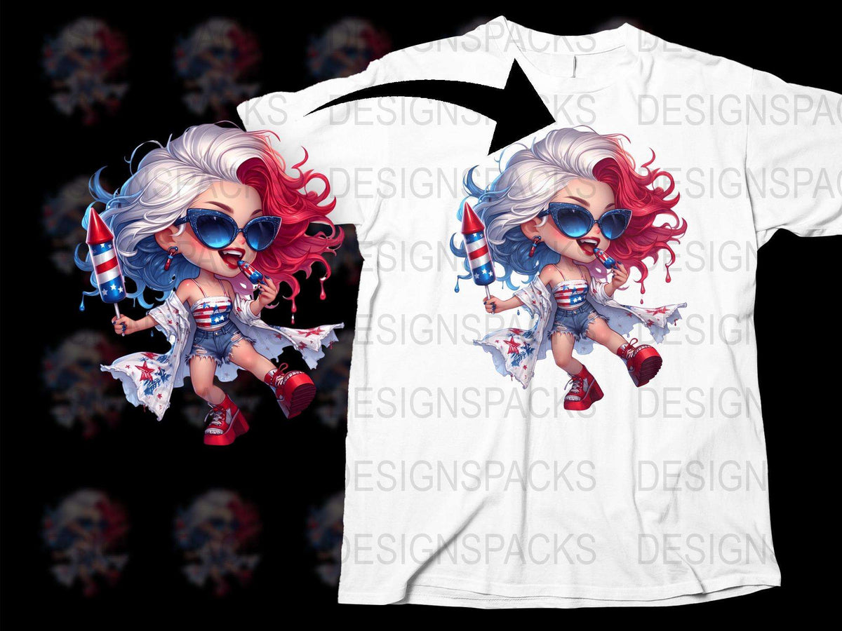 Patriotic Woman Cartoon Graphic T-Shirt, American Flag Outfit, Red White and Blue, 4th of July Apparel, Casual Wear, Unique Design