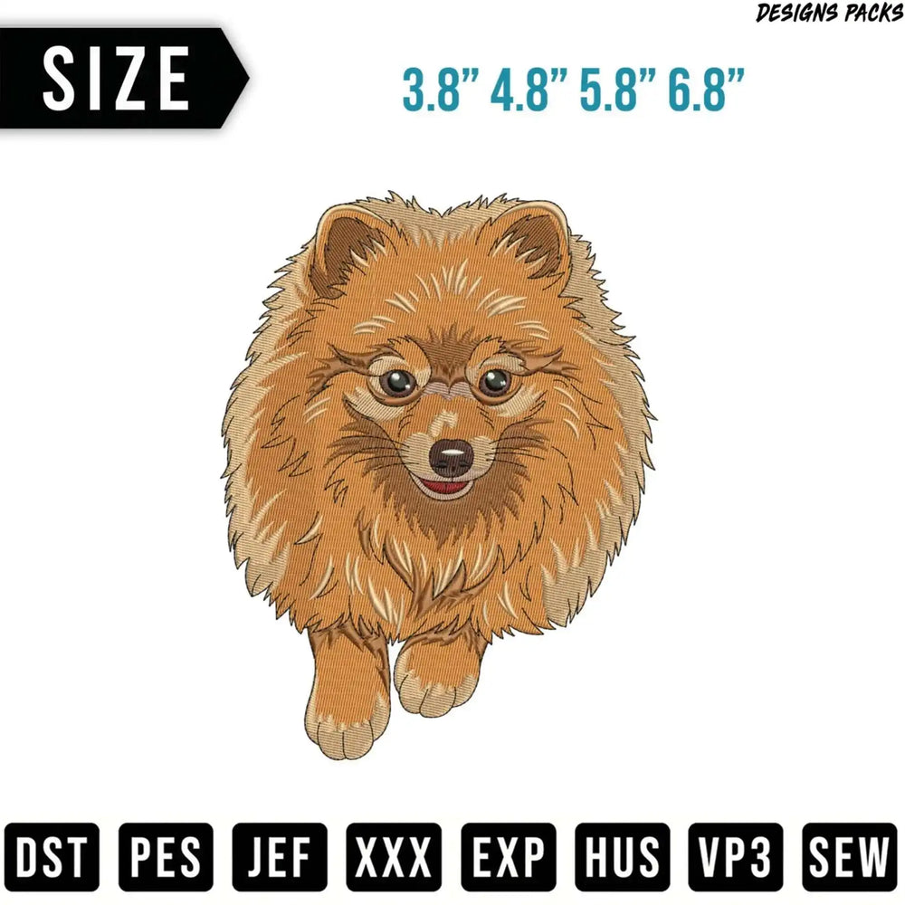Embroidery design of a fluffy Pomeranian dog, with size options and file formats.