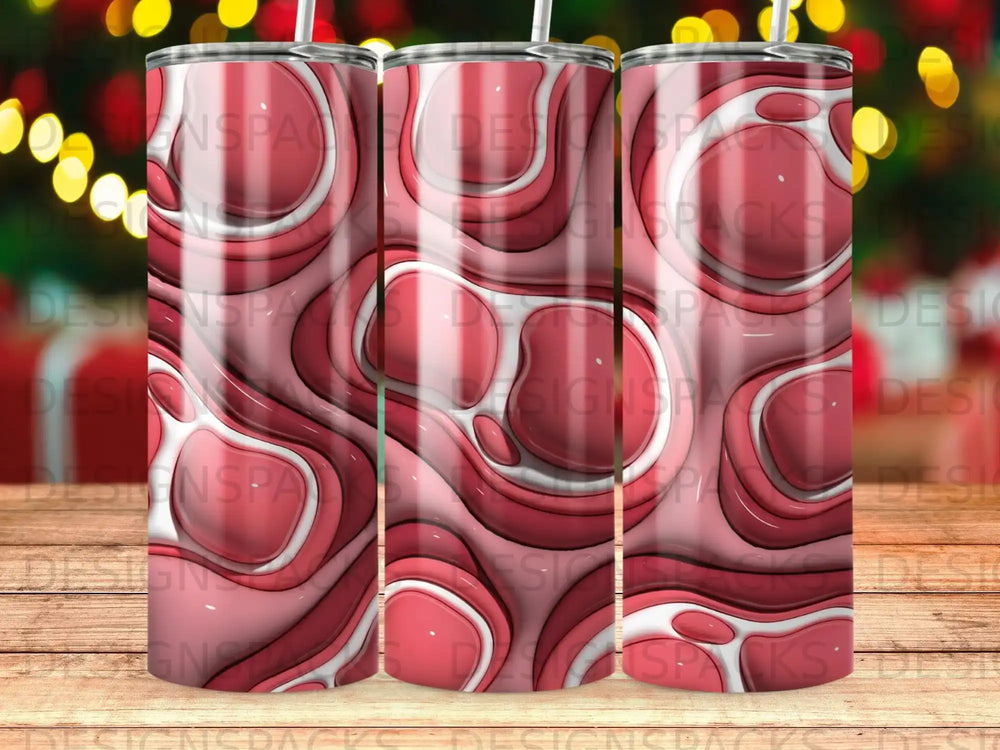 Pink and white abstract organic pattern on a cylindrical tumbler.