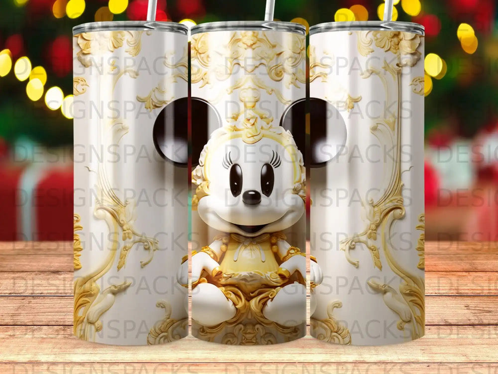 Minnie Mouse in a golden outfit on a patterned tumbler with repeated watermark text.