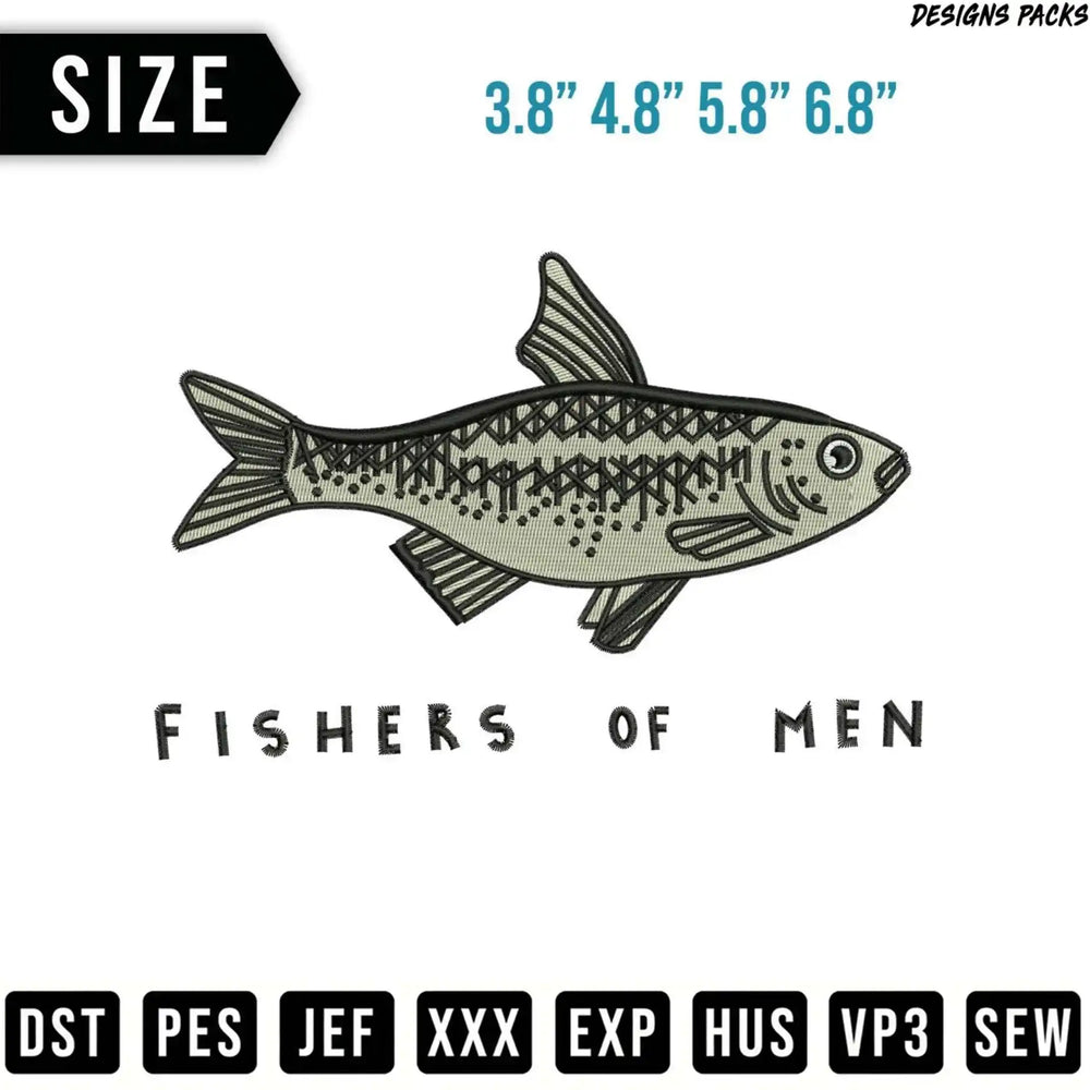 Fishers of Men embroidery design with size options and file formats.
