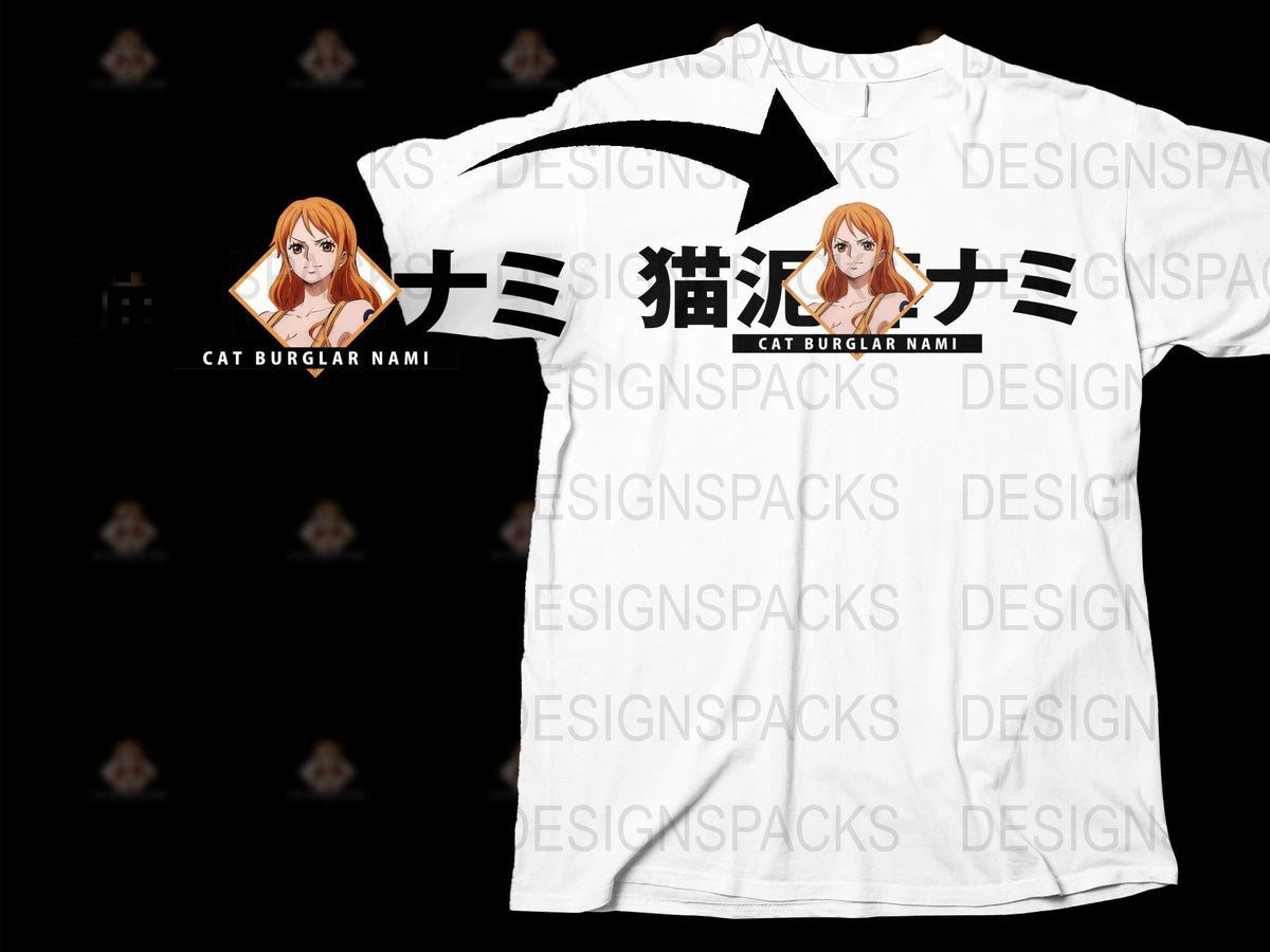 Anime Cat Burglar Nami Graphic T-Shirt, Japanese Text, White Cotton Tee, Unisex Manga Apparel
