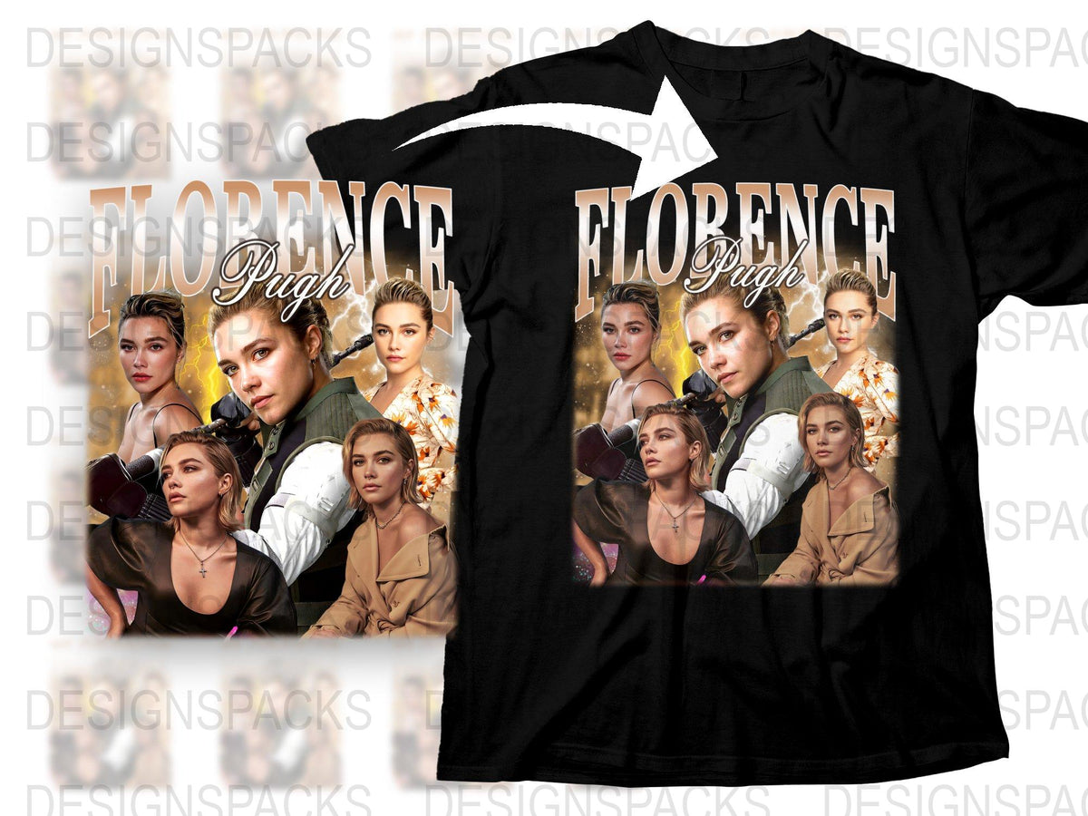 Florence Pugh Graphic T-Shirt, Multiple Poses Print, Black Tee, Celebrity Inspired Fashion, Casual Wear, Gift Idea
