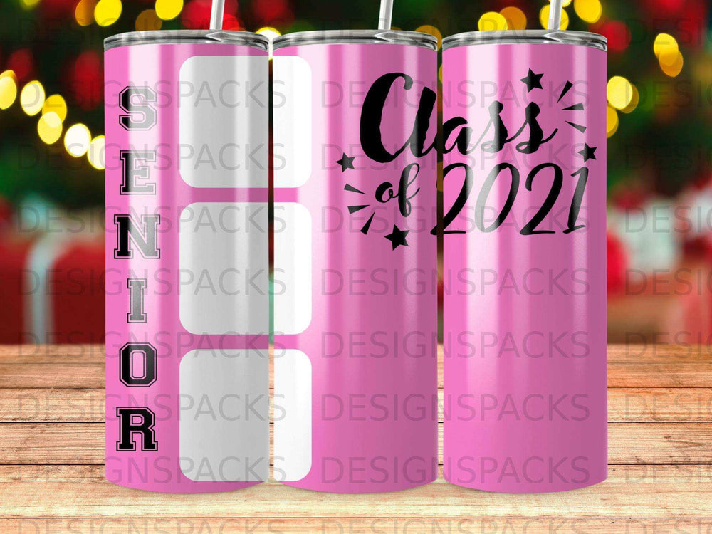 Graduation tumbler with "Class of 2021" text on a pink background.