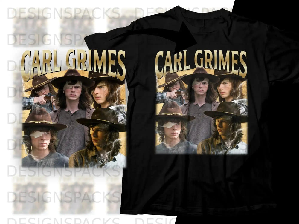 T-shirt graphic with Carl Grimes from The Walking Dead, text "CARL GRIMES".