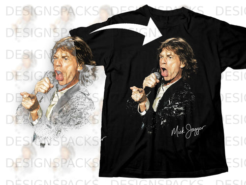 Black t-shirt with a graphic of Mick Jagger singing into a microphone.