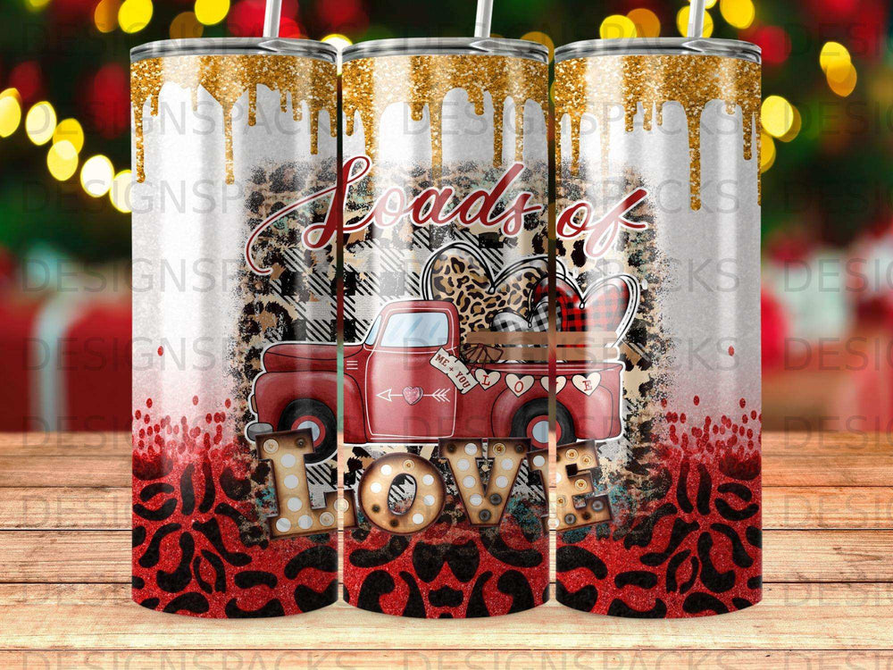 Red truck with "Loads of Love" and hearts on a leopard print background.