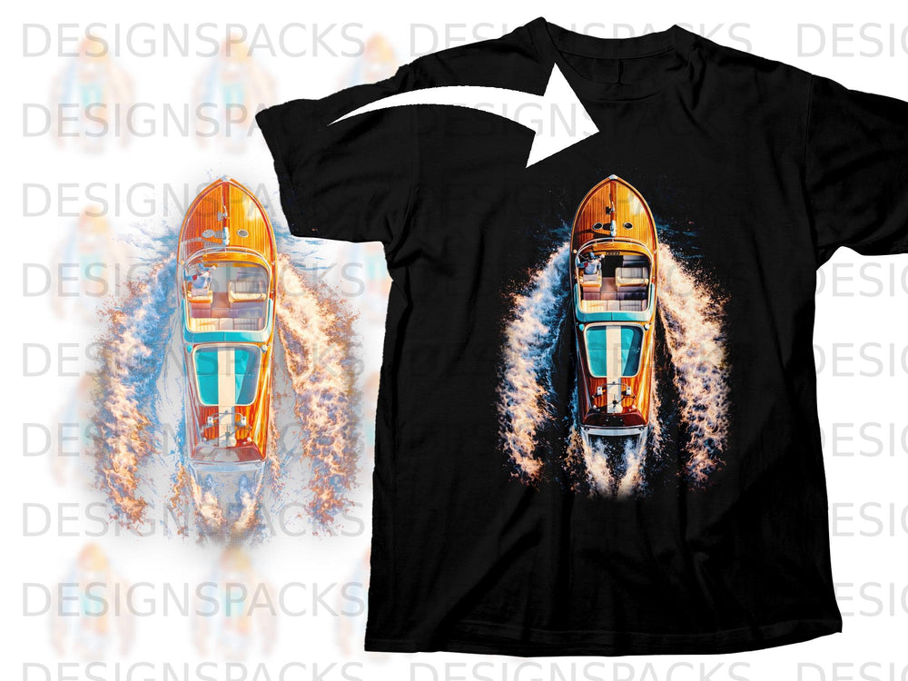 Black t-shirt featuring a graphic of a wooden speed boat in water.