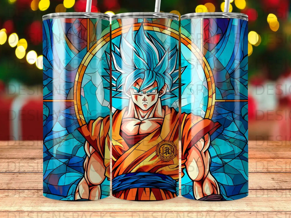 Goku with blue hair and orange gi in stained glass style.
