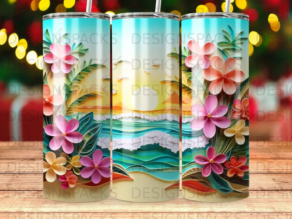 Tropical beach scene with colorful paper flowers and sunset on a skinny tumbler.